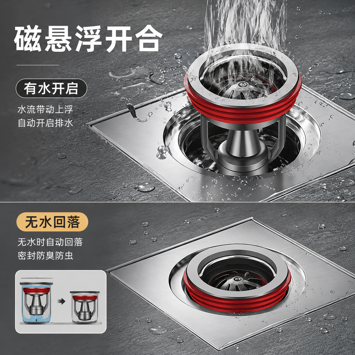 Dipur Universal Automatic Water Buoyancy Floor Drain for Bathrooms - Odor Prevention, Extended Inner Core Check Valve, Sewer Anti-Backflow Odor Prevention Floor Drain
