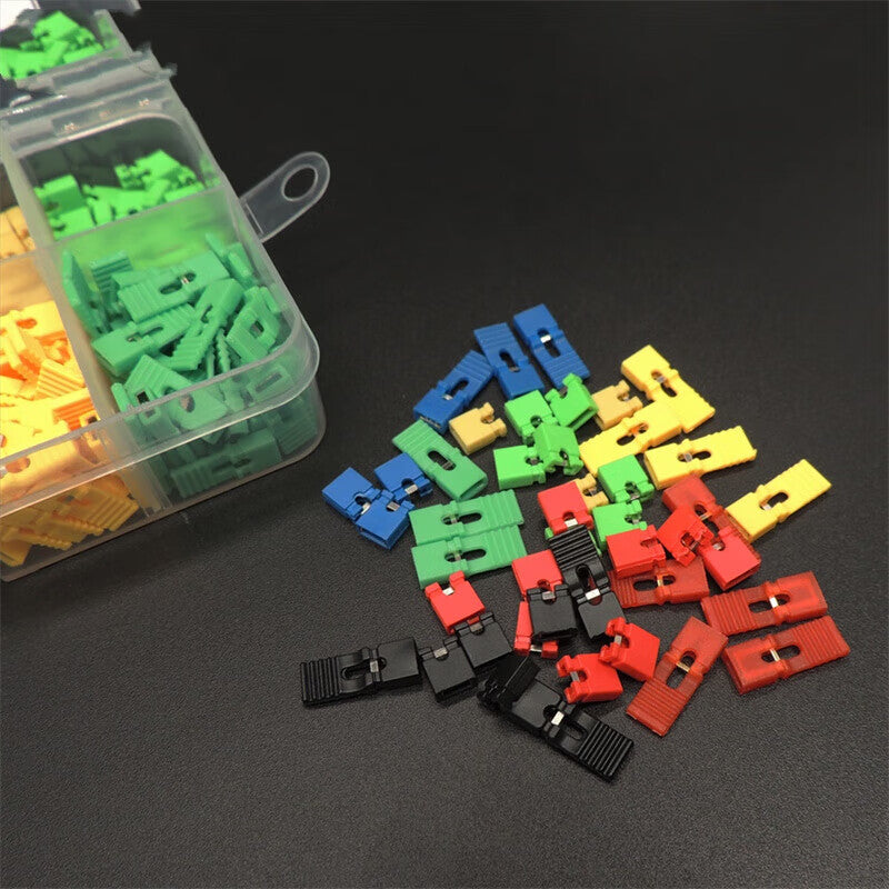 Double Platinum (10 types, 500 pieces total) jumper caps, shorting caps, 2.54mm spacing, block pin header connectors, long shank caps. Unit: piece.