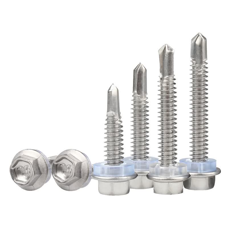 Bocai Hexagonal Flange Self-Drilling Self-Tapping Screws, Stainless Steel External Hexagonal Head Drill-and-Self Screws, Color Steel Roofing Dovetail Screws, M5.5x25 (100 pieces/pack), 410 with rubber washer.