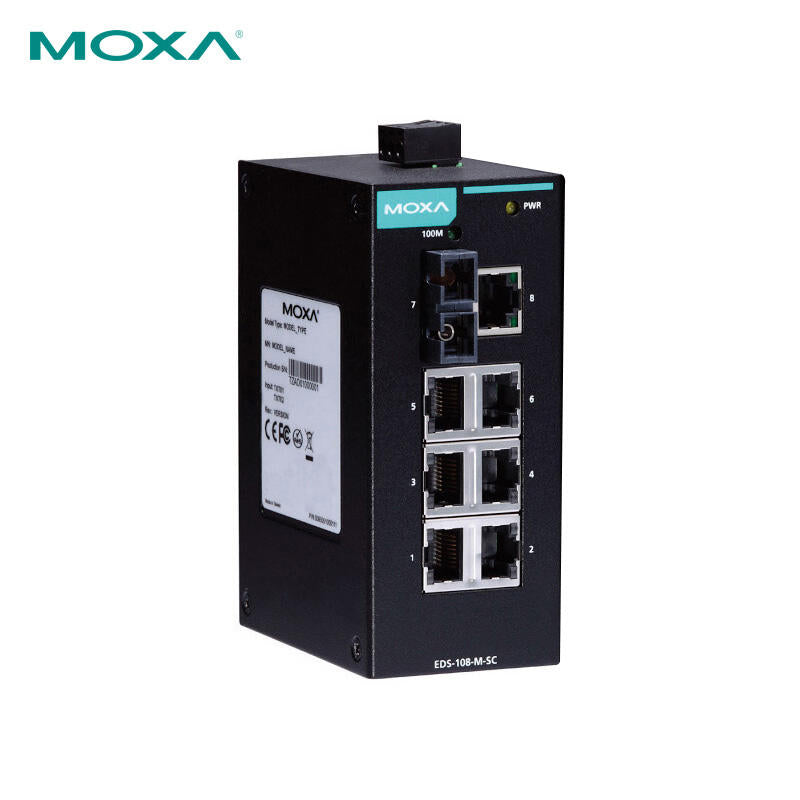 Moxa 8-port unmanaged 100M industrial Ethernet switch with one multimode optical port; EDS-108-M