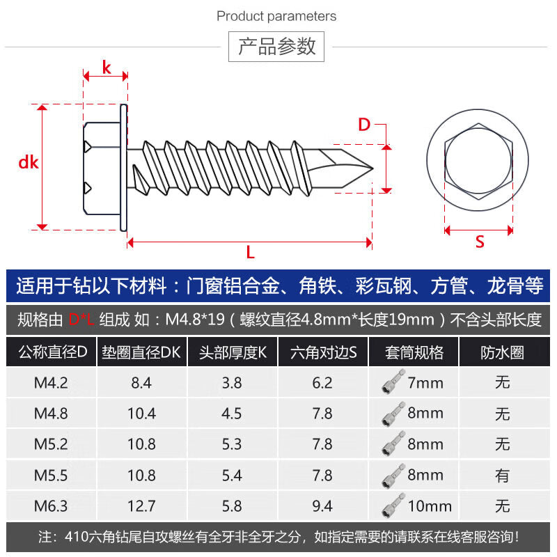 GUYU 410 Stainless Steel Hexagonal Self-Tapping Screws, Drill Iron Color Steel Plate Bolts, Dovetail Screws, M5.5*38 (100 pieces), In Stock