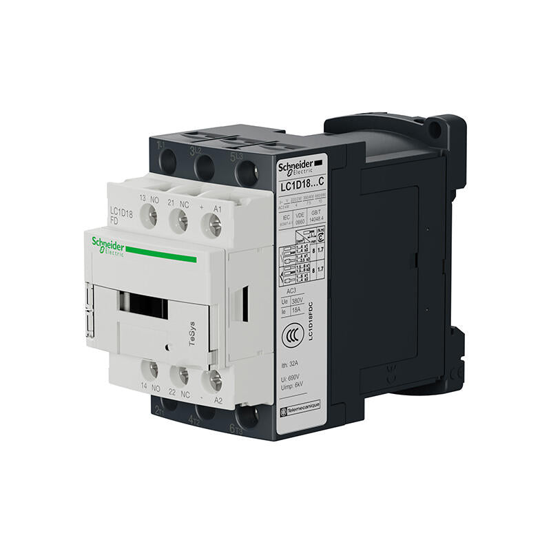 Schneider Electric domestic TeSys D series three-pole AC contactor DC coil, 18A, 110VDC; LC1D18FDC