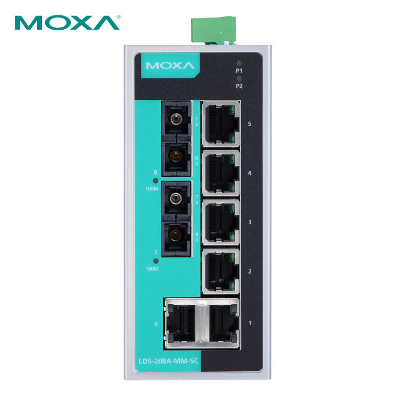 Moxa 8-port unmanaged 100M industrial Ethernet switch with two multimode optical ports; EDS-208A-MM-SC