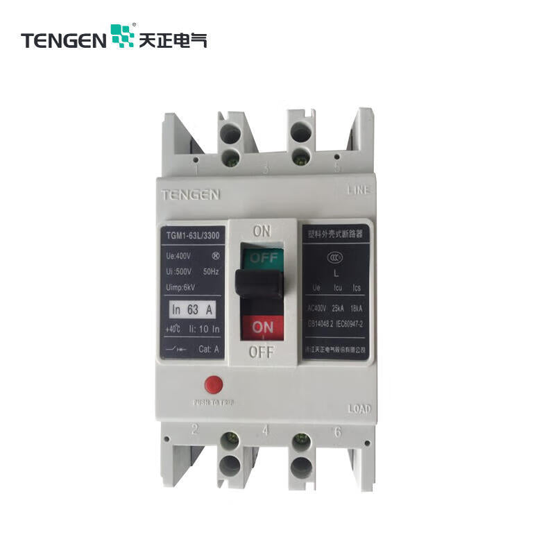 Tianzheng molded case circuit breaker breaking capacity 25kA 3P 63A; TGM1-63L/3300 63A