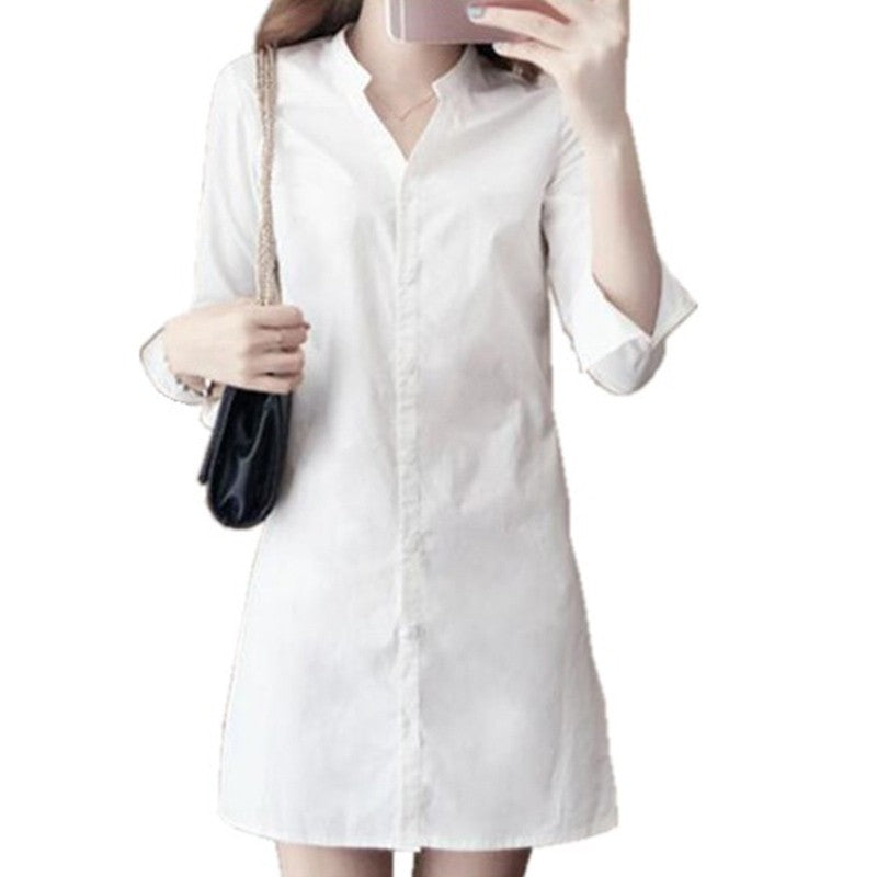 Women Girls Casual White Shirt Long Sleeve V-Neck Slim Fit for MINI Shirt Dress