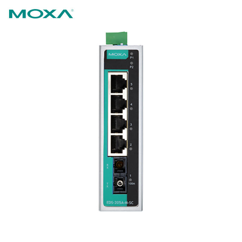 Moxa 5-port unmanaged 100M industrial Ethernet switch with one multimode optical port; EDS-205A-M-SC