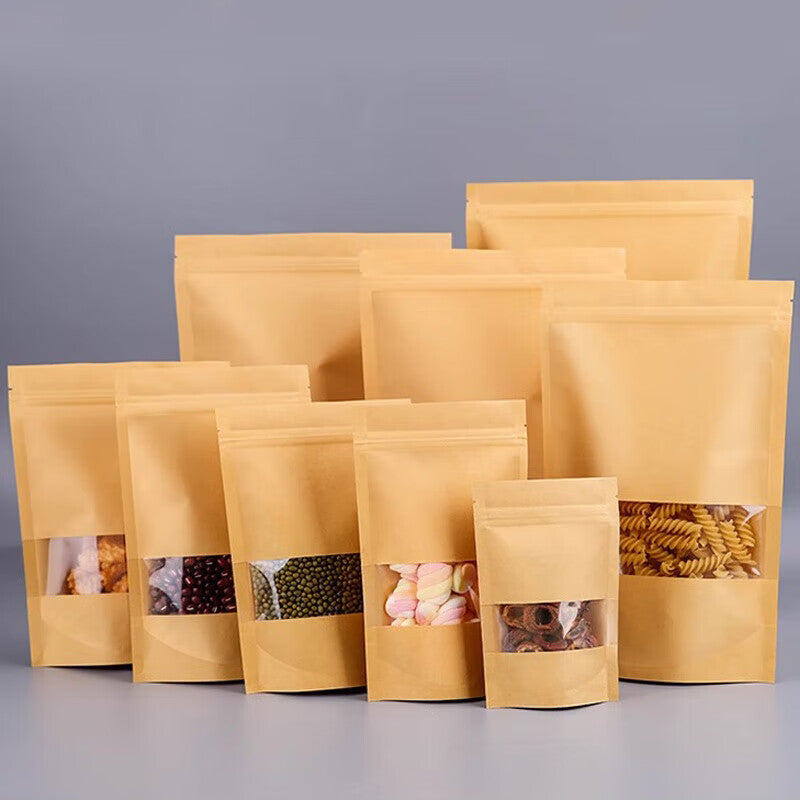 Masford disposable resealable bags, tea bags, dried fruit and snack preservation self-sealing bags, thickened windowed kraft paper bags, nut food packaging bags, 30*40+6cm (10 bags)