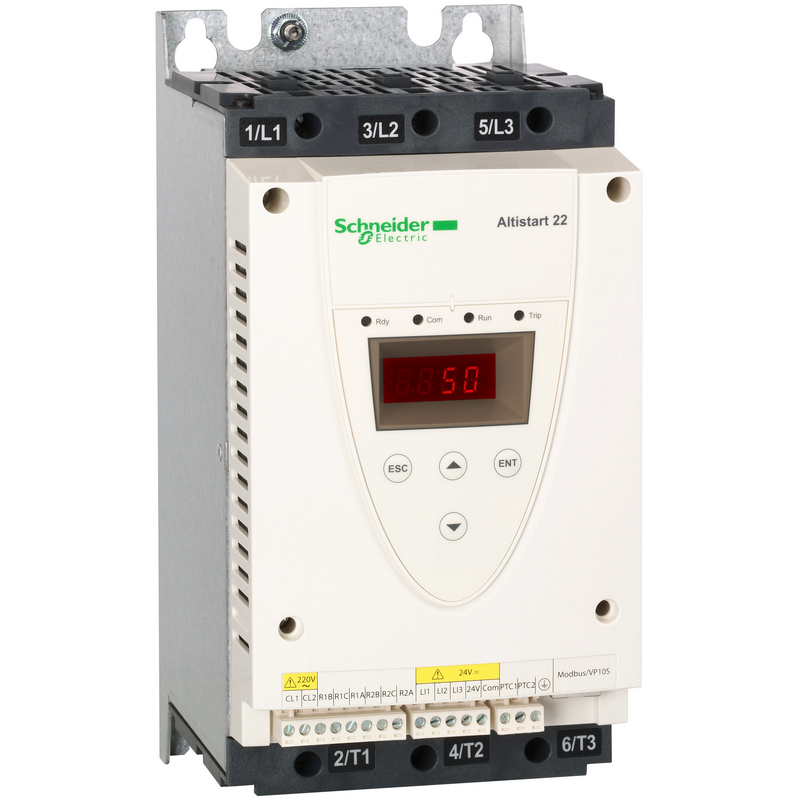 Schneider Electric soft starter, ATS22, 47A, 440V, 220V control power supply; ATS22D47Q