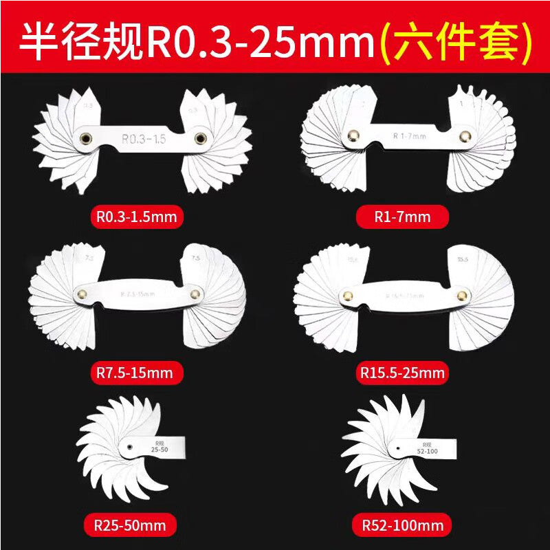 Mitz Radius Gauge, R Gauge Template, R Angle Gauge Template Ruler, Thread Pitch Gauge, Thread Fillet Radius Measuring Ruler, R0.3-100mm Six-Piece Set