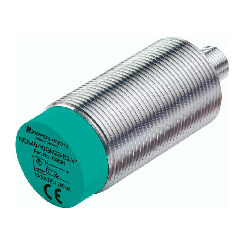 Pepperl+Fuchs cylindrical threaded inductive sensor, 3-wire, M12 connector, detection distance 40mm, PNP, voltage DC10-30V; NEN40-30GM60-E2-V1