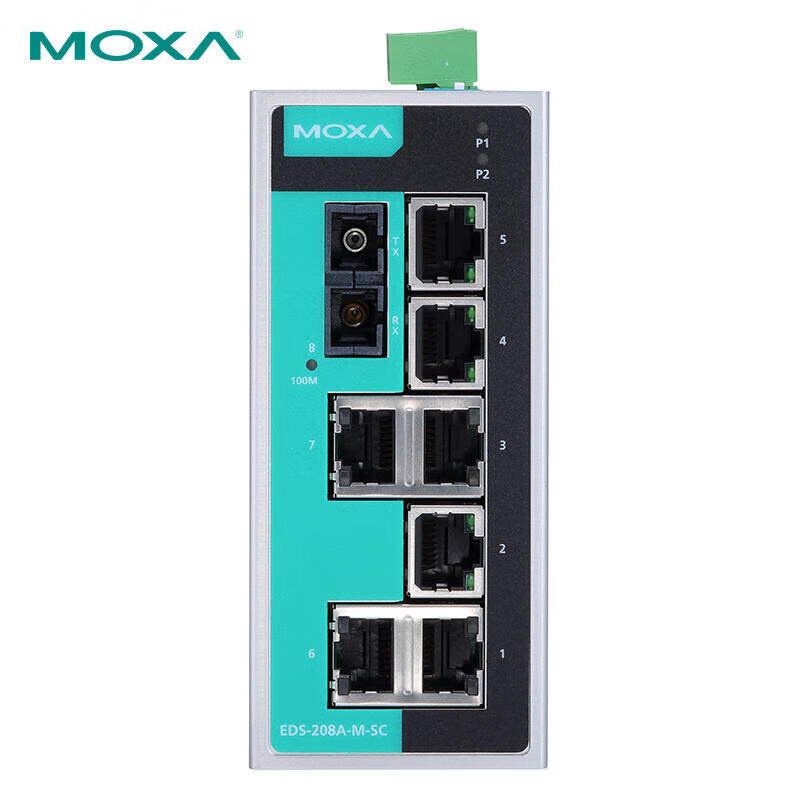 Moxa 8-port unmanaged 100M industrial Ethernet switch with one multimode optical port; EDS-208A-M-SC