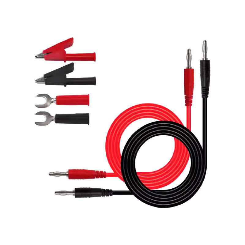 Primsys alligator snap-on plug to alligator clip adapter cable, 6mm U-shaped fork, copper alligator clip, 4mm plug.