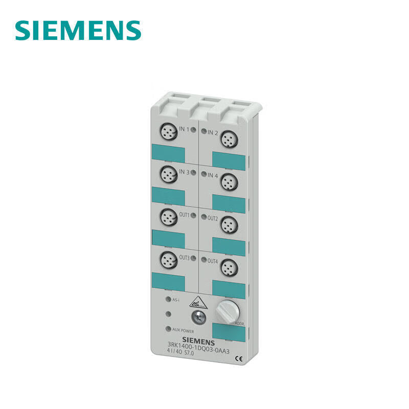 Siemens AS-i compact module K60 digital 4DI/4DQ, IP67 4 inputs, 4x outputs, 1A, 24VDC 8 M12 standard interface mounting plate 3RK1901-0CA00 must be ordered separately; 3RK14001DQ030AA3