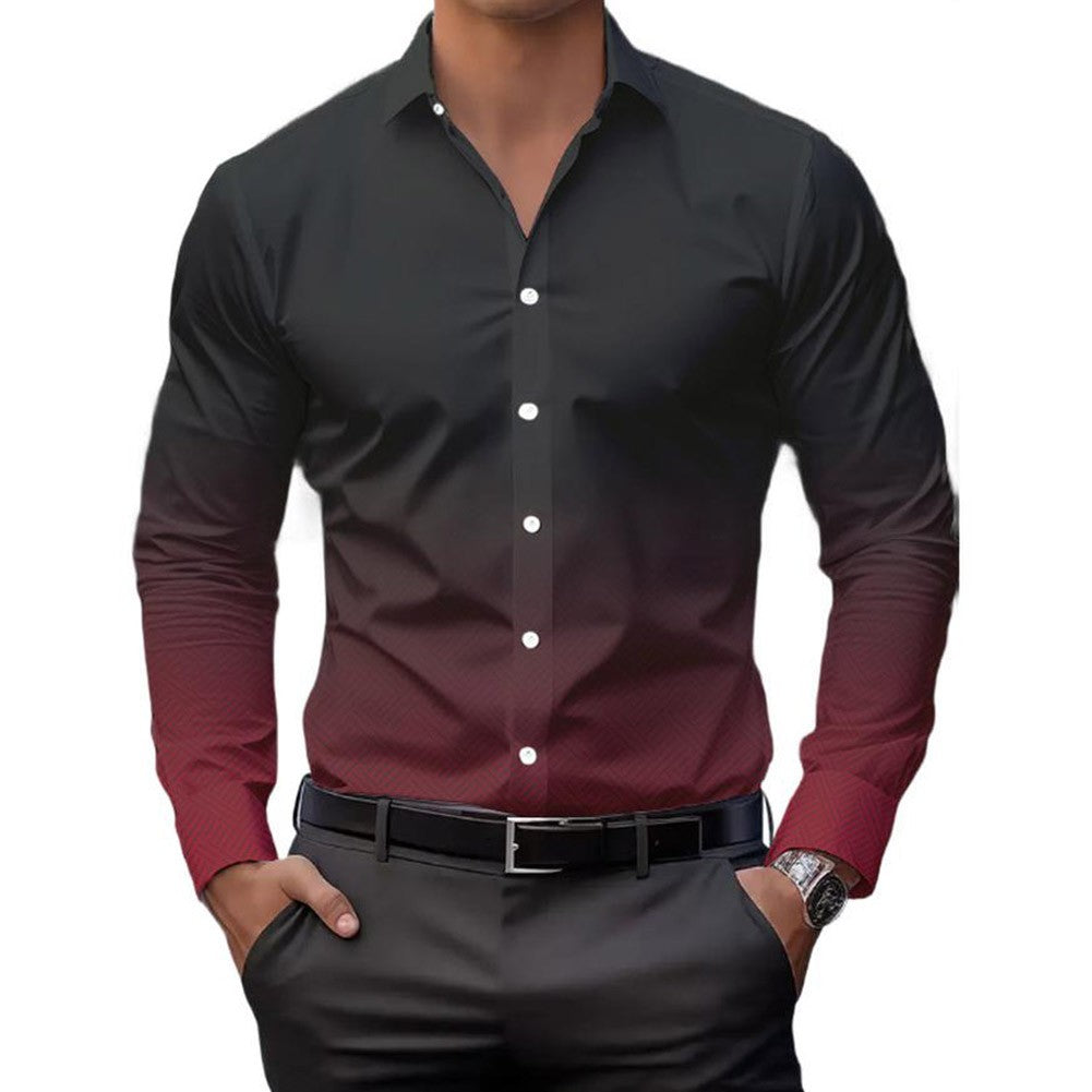 Mens Casual Long Sleeve Shirt Buttoned Collar Gradient Color for Daily Wear