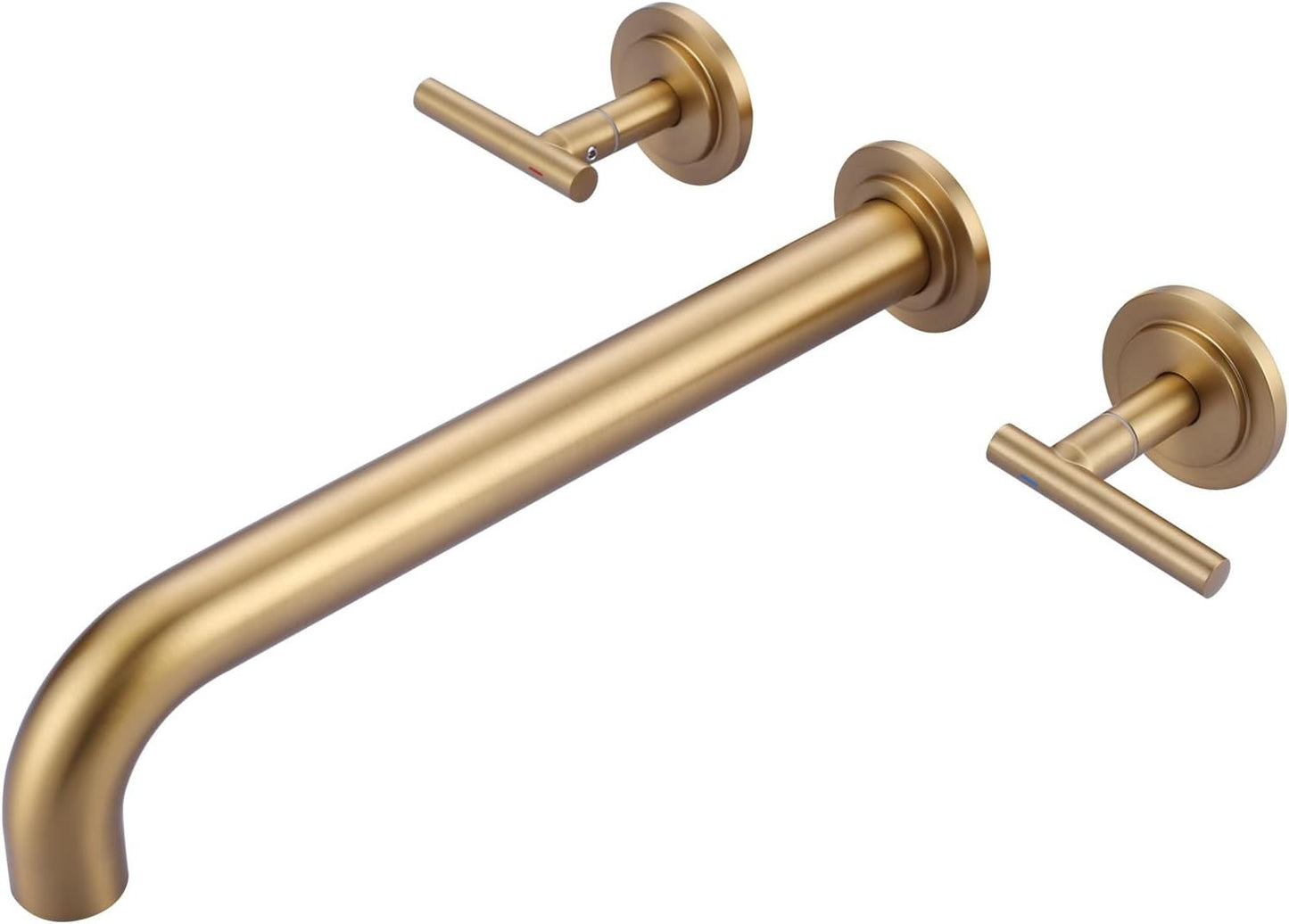 Gold Wall Mount Tub Faucet, Two Handles Solid Brass, Long Spout with Valve