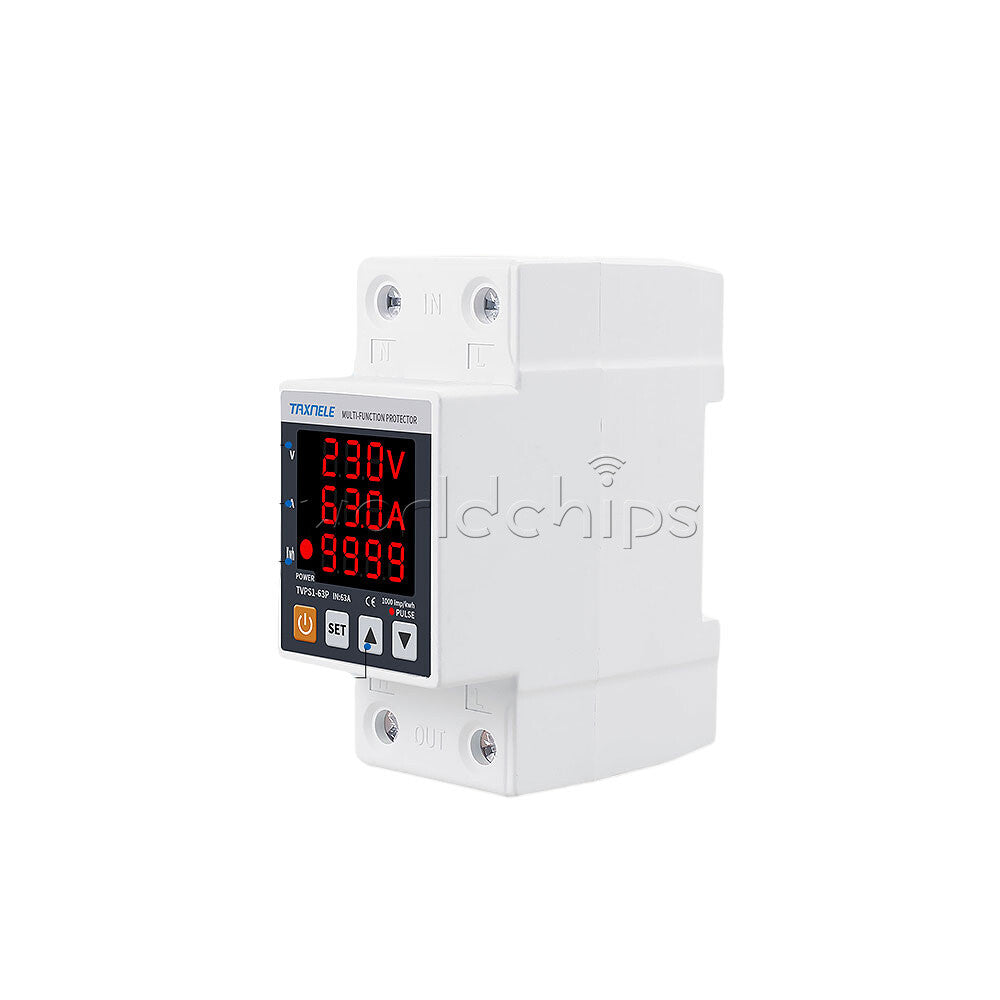 AC230V 63A Digital Din Rail Over Under Voltage Current Protection Energy Meter