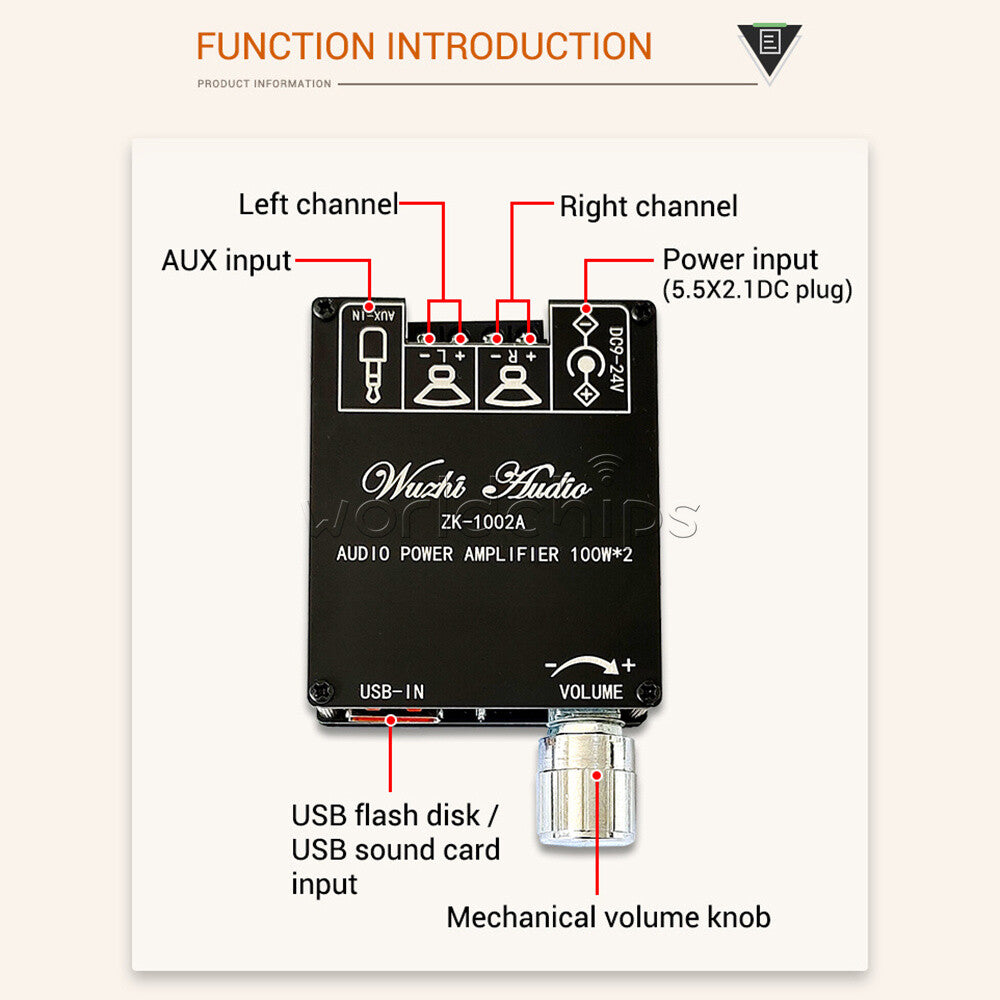 ZK-1002A Bluetooth Digital Amplifier Board 2.0 Stereo Dual 100W Audio Power Amp