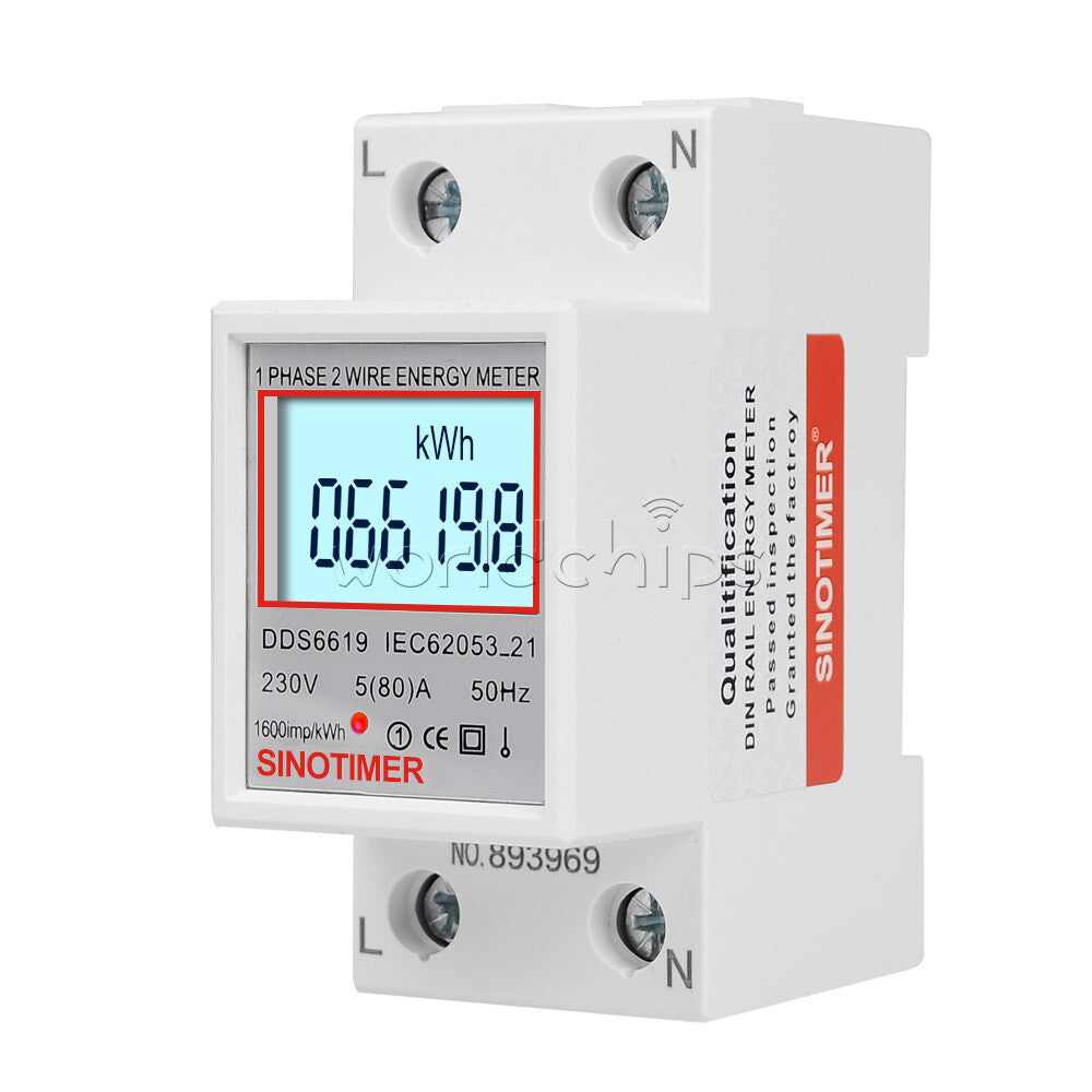 DDS6619 5-80A 230V LCD Digital Single Phase Energy Watt KWh Meter DIN Rail Mount