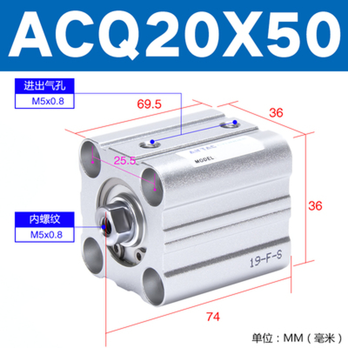 1pcs AirTAC ACQ20X5/10/15/20/25/30/35/40/45/50 Cylinder Stroke 5~50mm