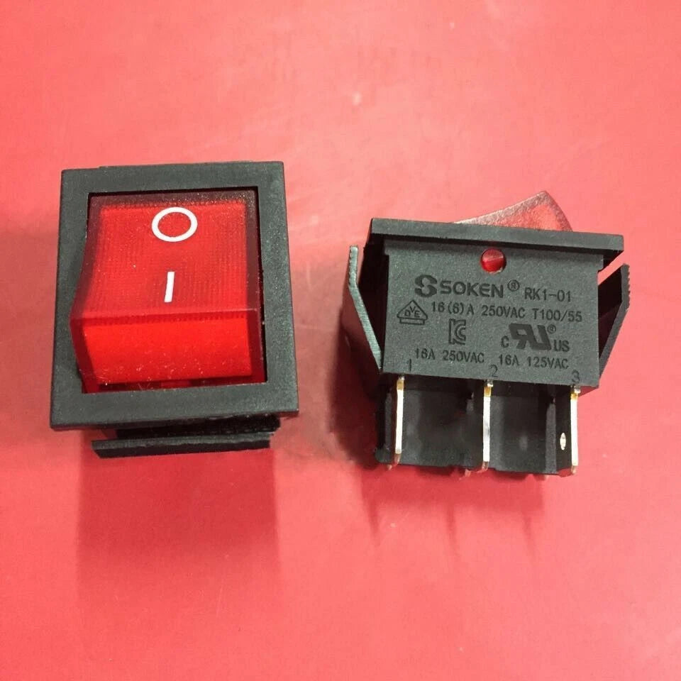 5PCS SOKEN RK1-01 6 pins Rocker Switch 16A 250VAC With Red Light