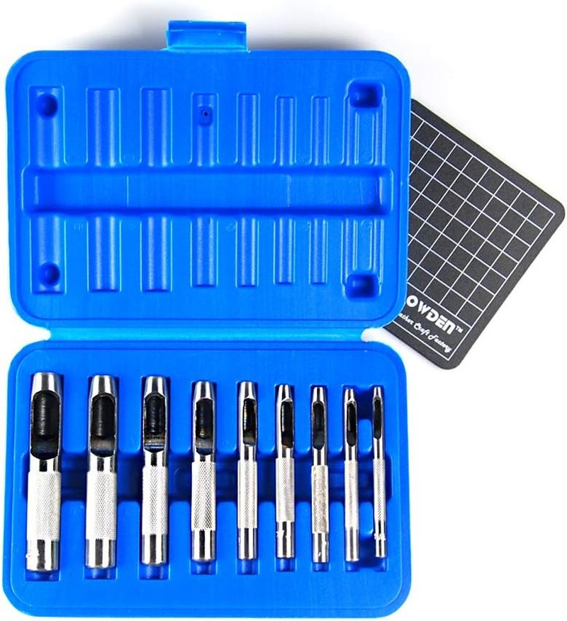 OWDEN 9 Pieces Hollow Punch Set (1/8"-1/2") with a Free Cutting MAT, Leather Hol