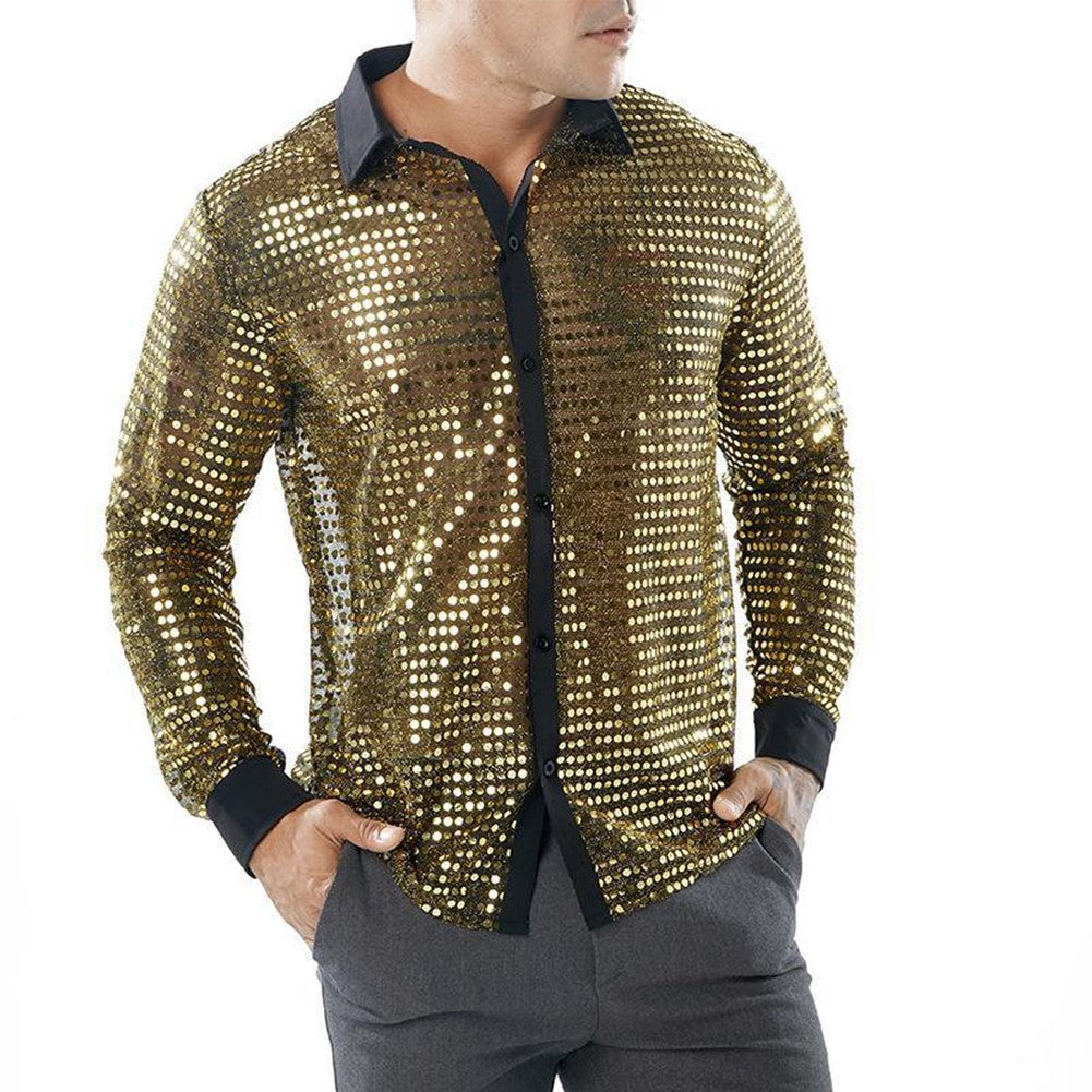 Men's Sparkly Sequin Party Dance Shirts Retro 70s Disco Nightclub Style Tops
