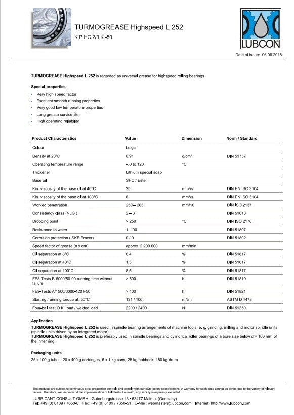 LUBRICANT LUBCON Turmogrease Highspeed L252 1Kg ( 2.2 lb) free shipping