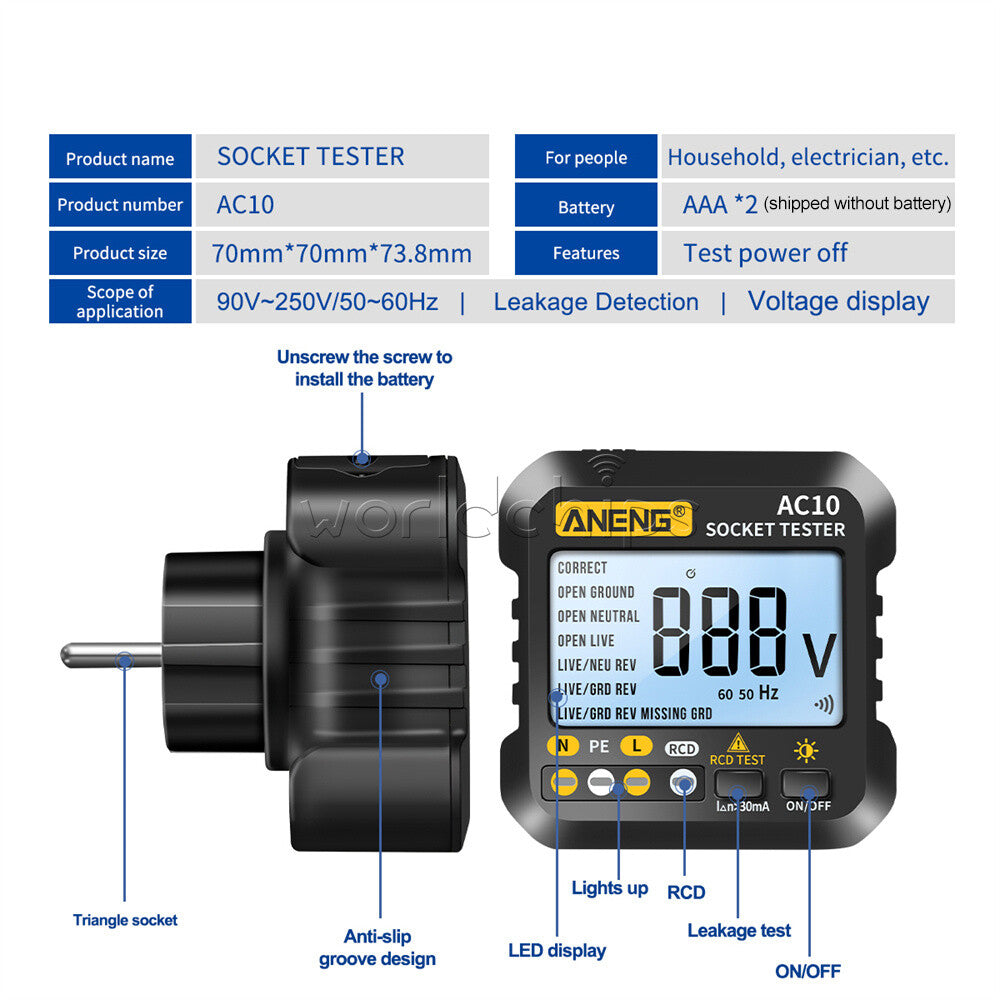 ANENG AC10 Socket Tester Voltage Test Zero Line Plug Polarity Phase Detector