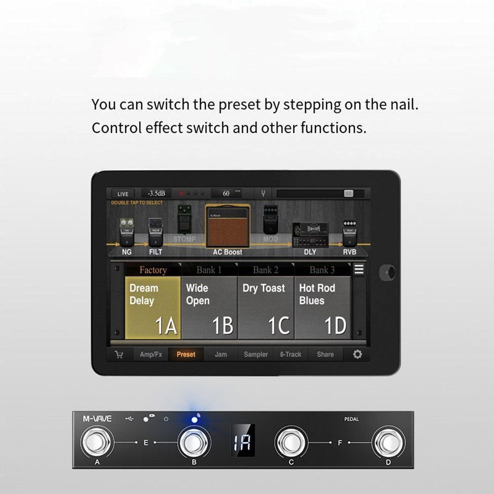 Portable For MIDI Footswitch with 4 Functional Buttons and Long Battery Life