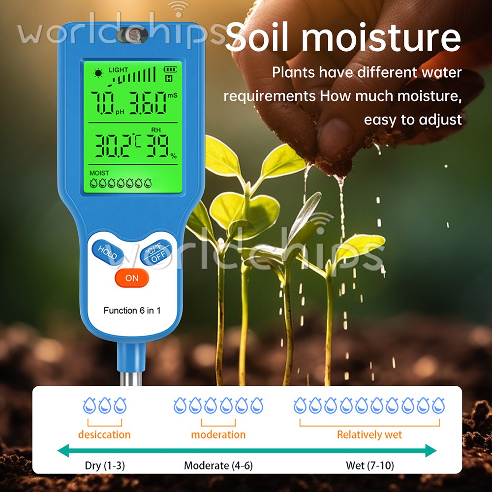 6-in-1 Digital PH Tester Sunlight Soil Moisture Meter Detector Plant Garden ℃℉