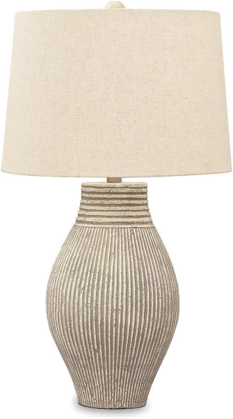 29" Textured Paper Composite Table Lamp, Layal Casual, Beige, Carved Base