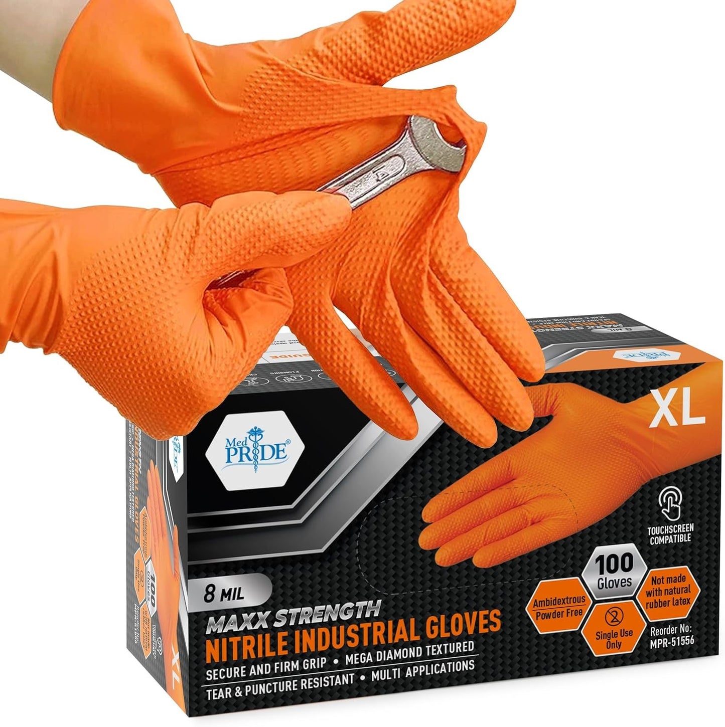 MED PRIDE Maxx Strength Nitrile Industrial Orange Gloves, 8 Mil Thick - Diamond