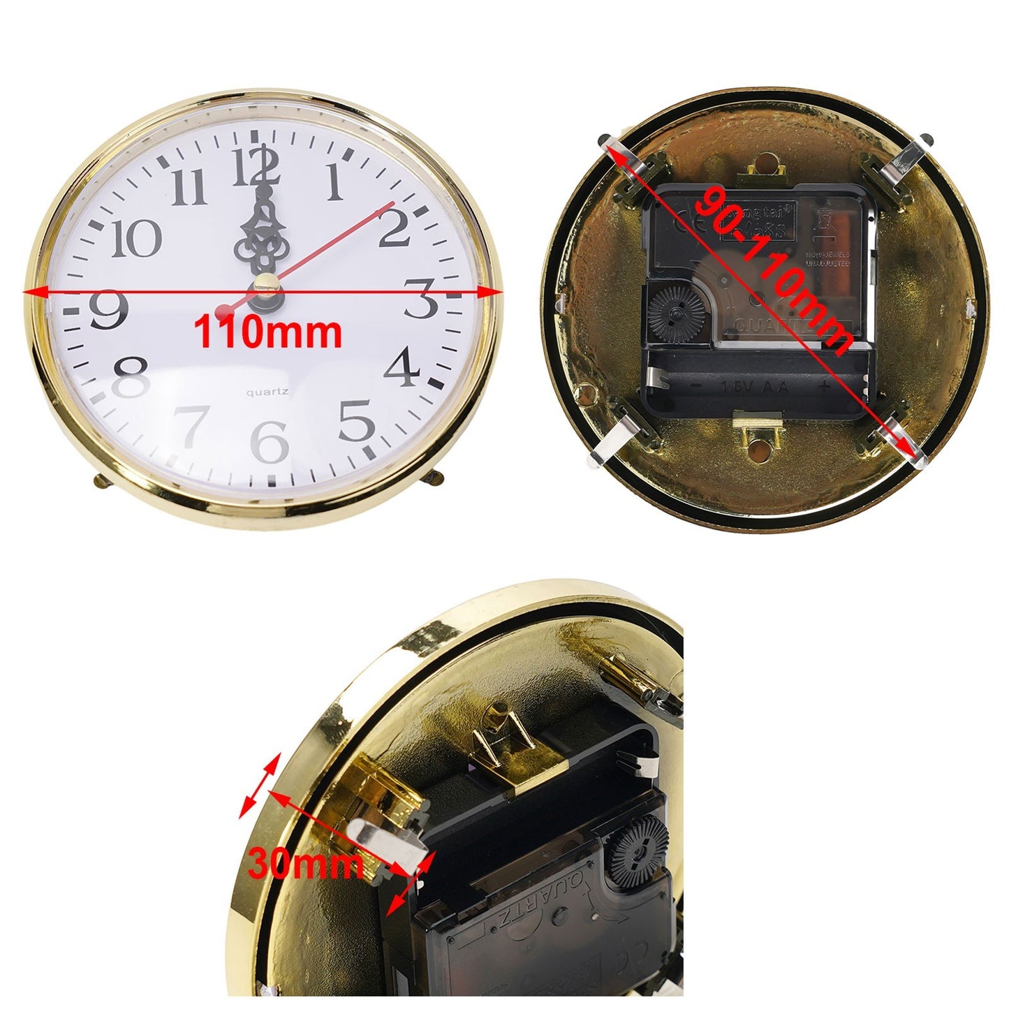 High Quality Gold Trim Quartz Clock Insert Arab Numerals Multiple Sizes