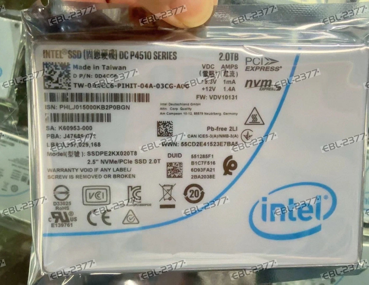 Intel SSD P4510 2TB DC NVME U.2 2.5" SSDPE2KX020T8 Solid State Drive