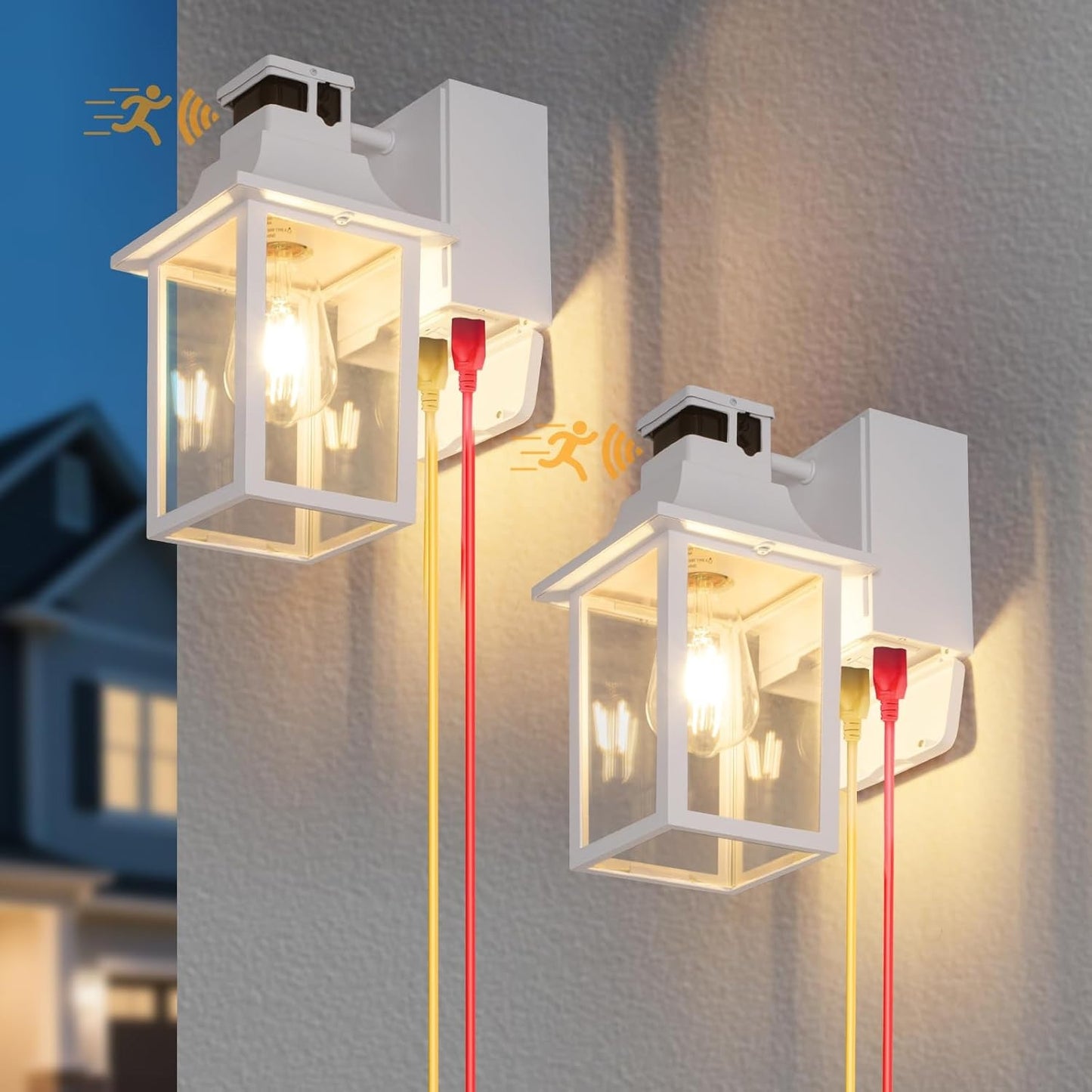 2-Pack White Porch Lights with GFCI Outlet, Dusk to Dawn Motion Sensor