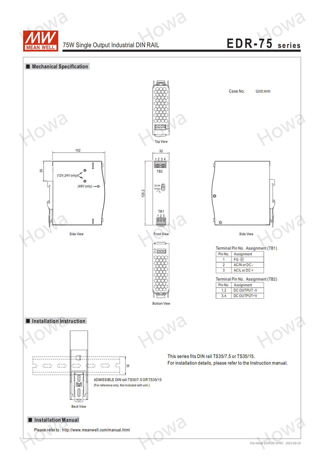 Mean Well EDR-75-48 AC/DC DIN rail power supply 75W 48V 1.6A