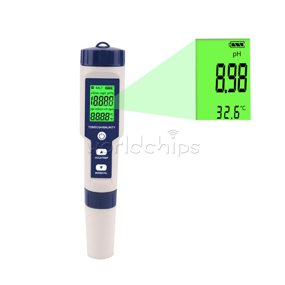 5in1 TDS/EC/PH/Salinity/Temperature Meter Digital Water Quality Monitor Tool