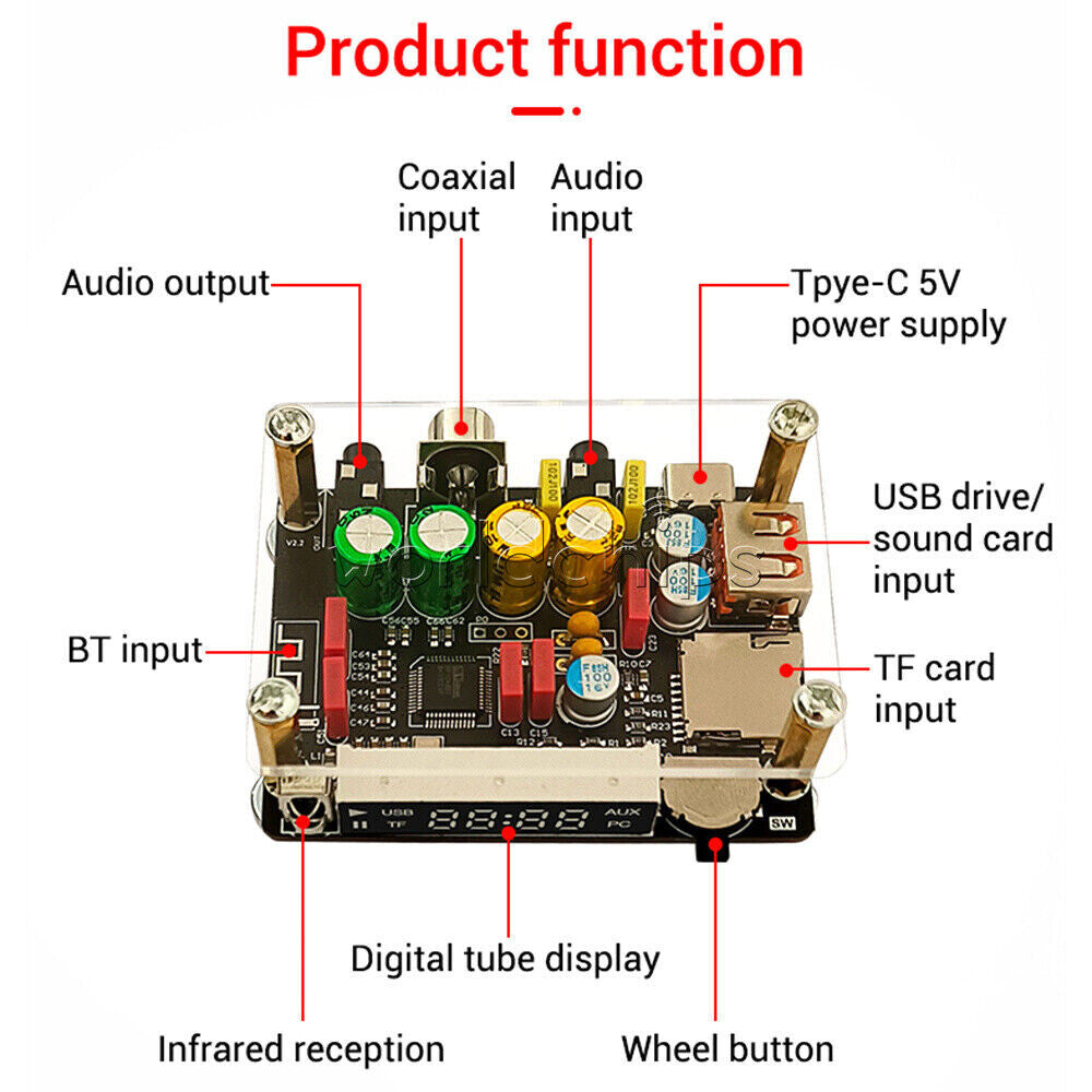 ZK-DAM-K1 Bluetooth U Disk Sound Card TF Decoder Board Front DSP Tuning Type-C