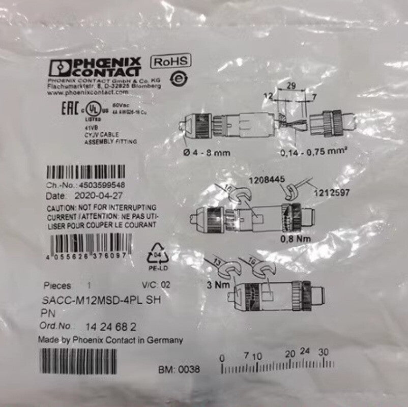 1pcs PHOENIX CONTACT 1424682 Connector SACC-M12MSD-4PL SH PN