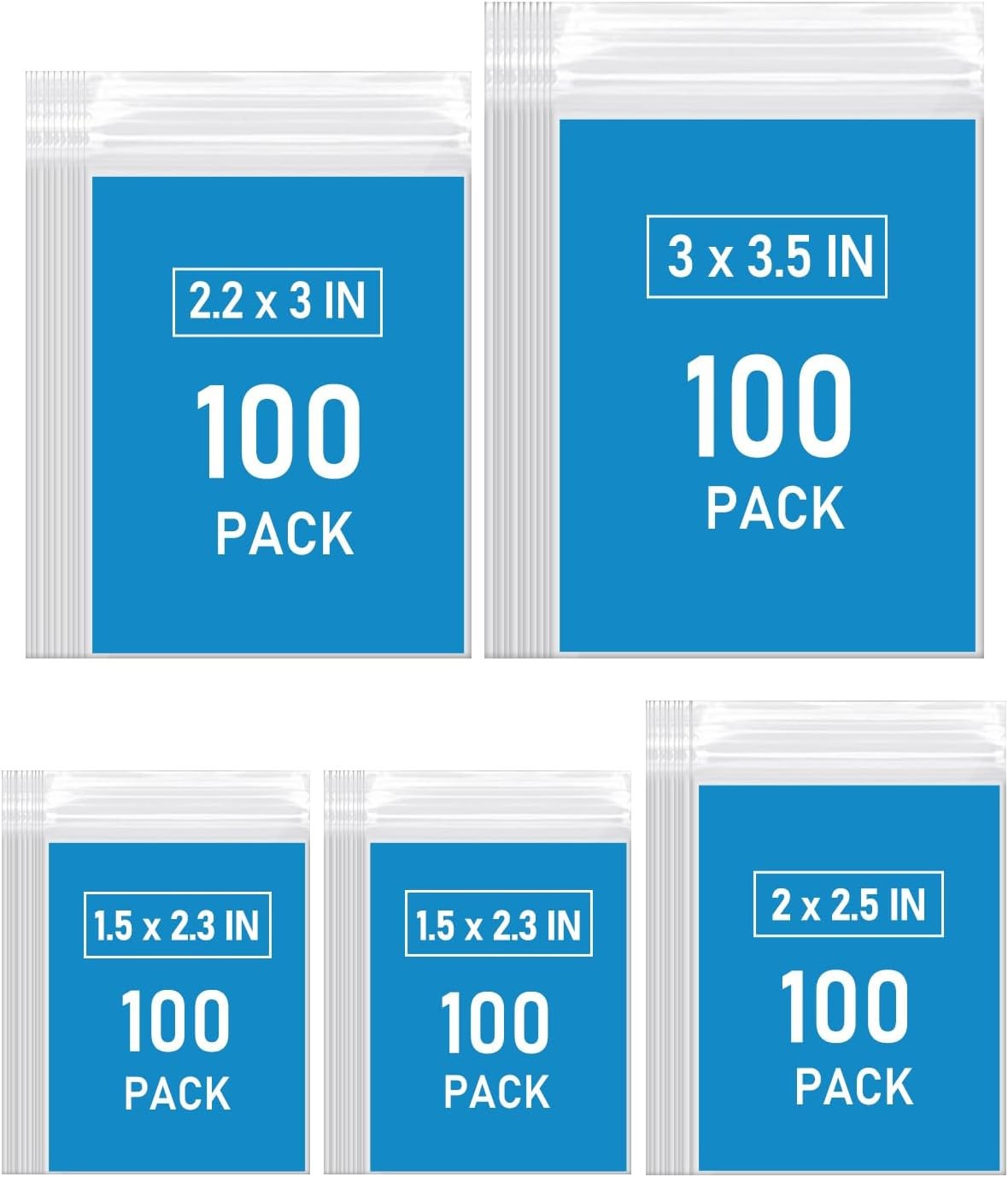 500-Piece Small Resealable Plastic Bags, 4 Sizes, for Jewelry, Pills, Candy