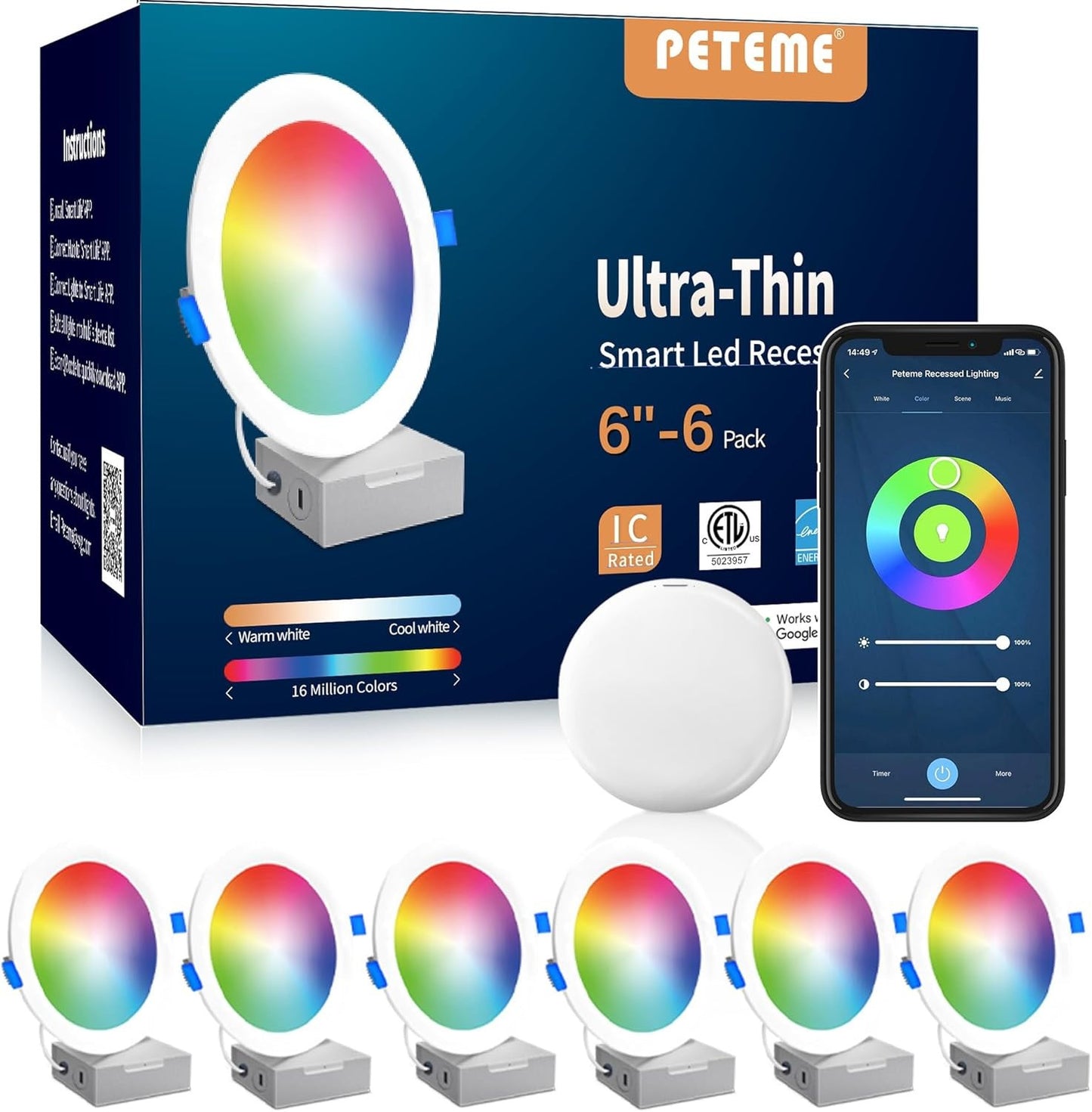 6-Pack Smart LED Recessed Lights, RGB Dimmable, Works with Alexa/Google