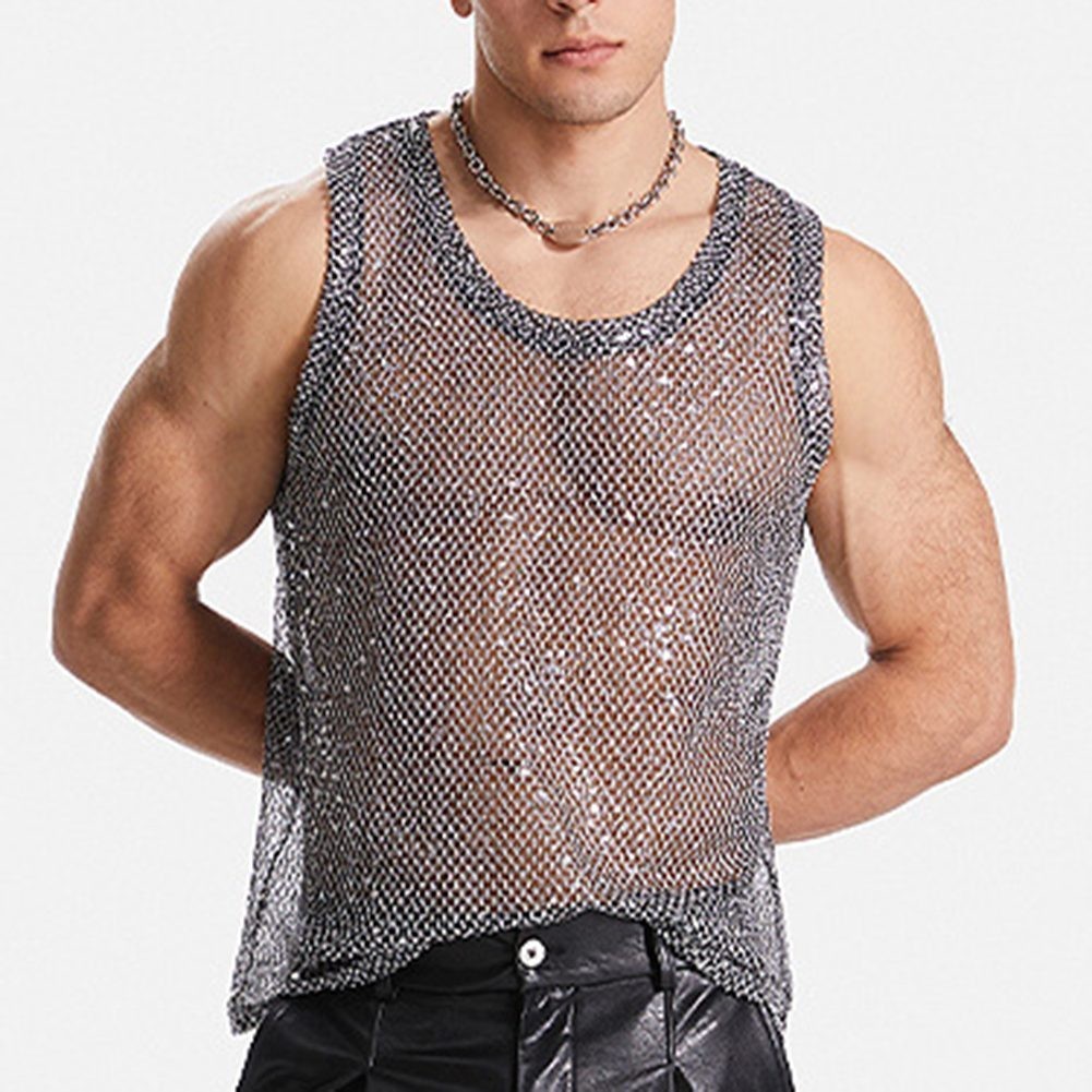 Men's Black Fishnet Party Tops Sexy Glitter Sheer See Through Tank Sizes S 3XL