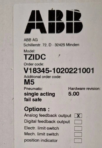 V18345-1020221001 ABB V183451020221001 Valve Positioner