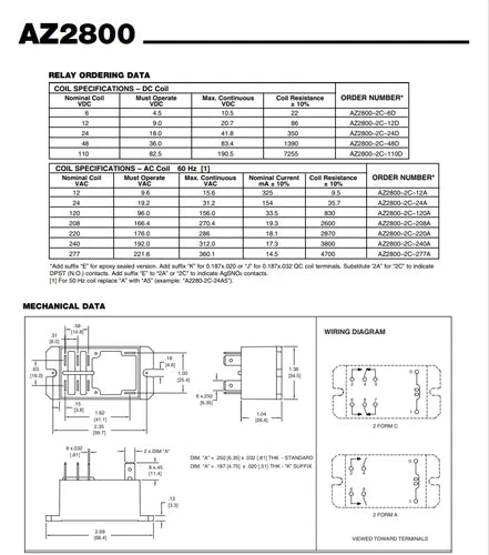 1X Power Relay 24VAC 8Pin 40A 277VAC AZ2800-2C-24A 692-024A5-2C22S