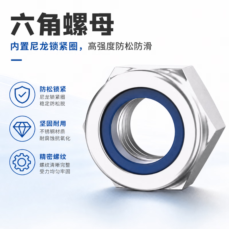 Huijun Hardware Locking Nuts, Hexagonal Anti-slip and Anti-loosening Screws, Nylon Locking Screws, Iron White Zinc M6-100 Pieces