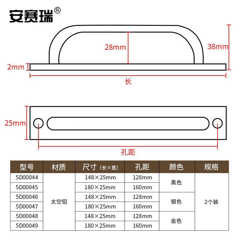 Anseri aluminum alloy door handles, 2-pack for glass sliding doors, balconies, drawers, and windows, surface-mounted handles, black, 128mm hole spacing, 5D00044