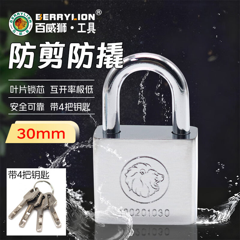 BERRYLION padlock, waterproof and rustproof, for home, school, shop, small security windows, four keys, silver, 30mm.