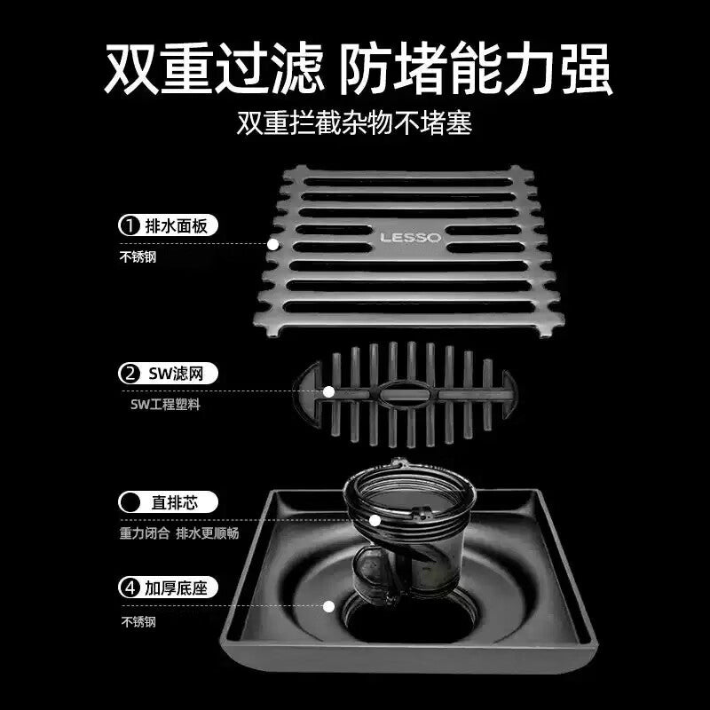 LESSO Stainless Steel Grooved Pipe Fittings Floor Drain - Drainage, Odor Prevention, Anti-clogging - Gunmetal Gray Stainless Steel Floor Drain [Kitchen/Bathroom]