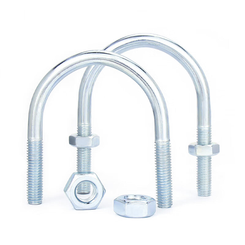 Steel pre-worked U-bolts M6*20 galvanized 20-pack extended U-bolts with nuts, pipe clamps, and fasteners.