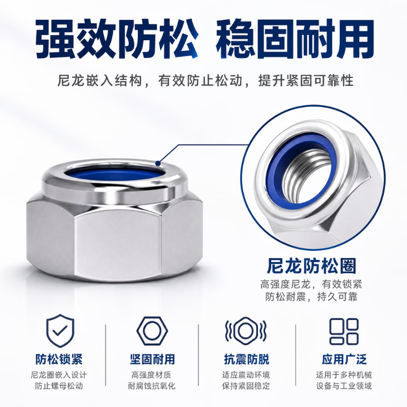 Huijun Hardware Locking Nuts, Hexagonal Anti-slip and Anti-loosening Screws, Nylon Locking Screws, Iron White Zinc M6-100 Pieces